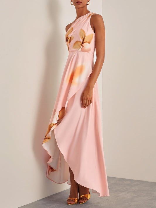 Pink Floral One-Shoulder Slit A-Line Gown