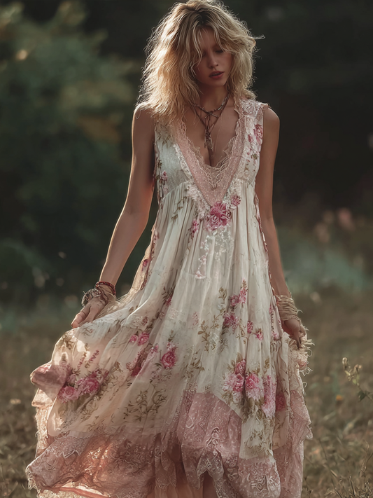 Bohemian Retro Pink Rose Lace Flowing Linen Maxi Dress