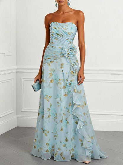 Pink Floral 3D Floral Tulle Strapless Sleeveless A-Line Floor-length Gown Dress