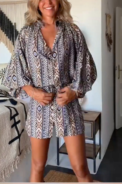 Bohemian long-sleeved printed shirt dress