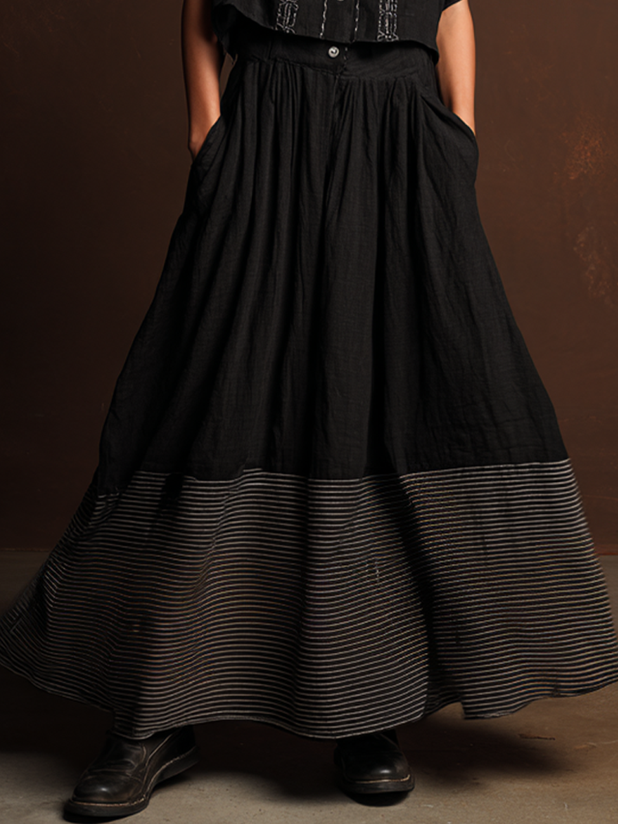 Women's Retro Style Black Cotton Linen Embroidered Short-Sleeve Top And Black Cotton Linen Striped Long Dress Set MDZ1782D5GMJ