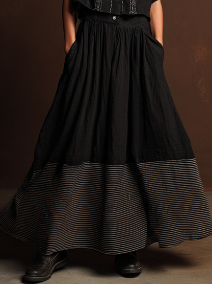 Women's Retro Style Black Cotton Linen Embroidered Short-Sleeve Top And Black Cotton Linen Striped Long Dress Set MDZ1782D5GMJ