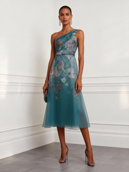 Cyan Floral Ruched Tulle One Shoulder Sleeveless A-Line Midi Dress