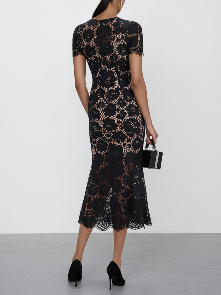 Black Lace Edge Cotton V Neck Short Sleeve Mermaid Midi Dress