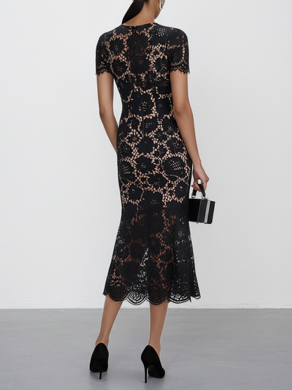 Black Lace Edge Cotton V Neck Short Sleeve Mermaid Midi Dress