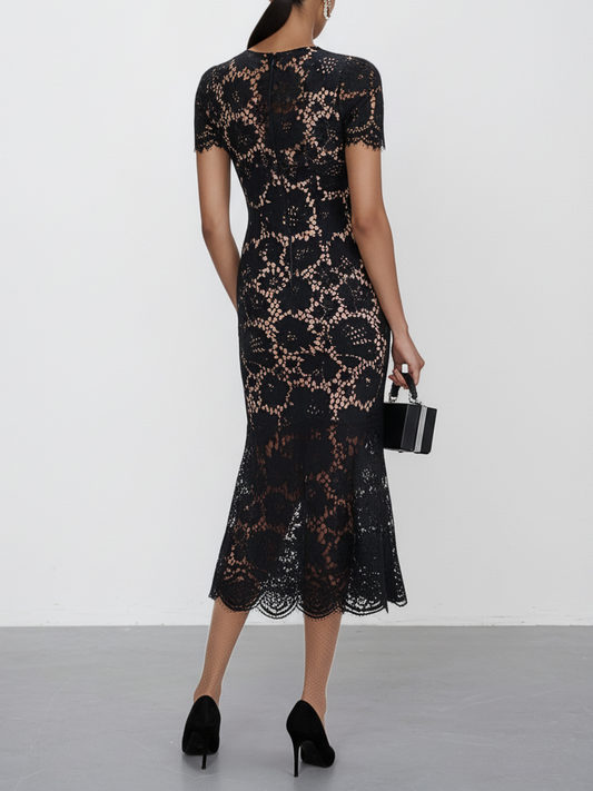 Black Lace Edge Cotton V Neck Short Sleeve Mermaid Midi Dress