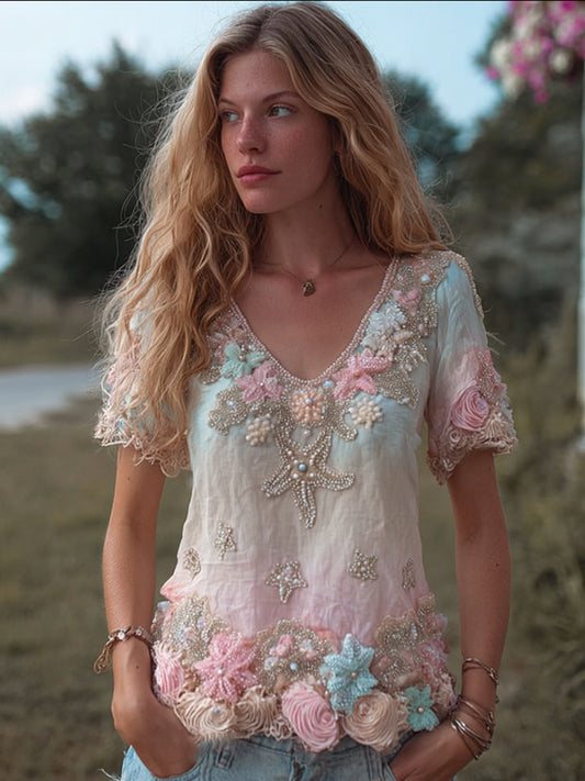 Women's Bohemian Ocean Star Shell Pattern Blue And Pink Gradient V-neck Short Sleeve