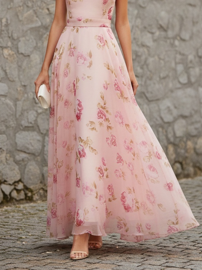 Pink Classic Floral Halter Short Sleeve A-Line Maxi Dress