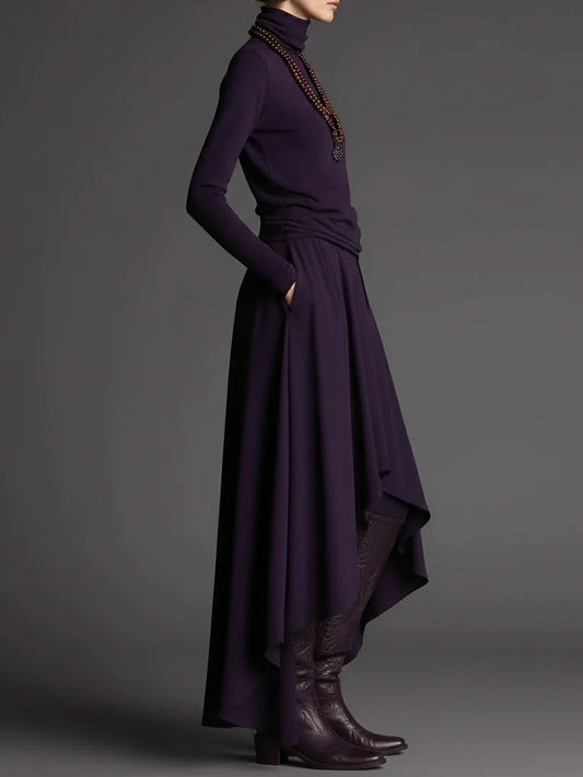 Purple Turtleneck Top and Asymmetrical Skirt Two-piece Set