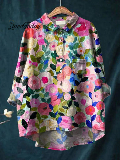 Women's Flower Print Casual Cotton And Linen Shirt