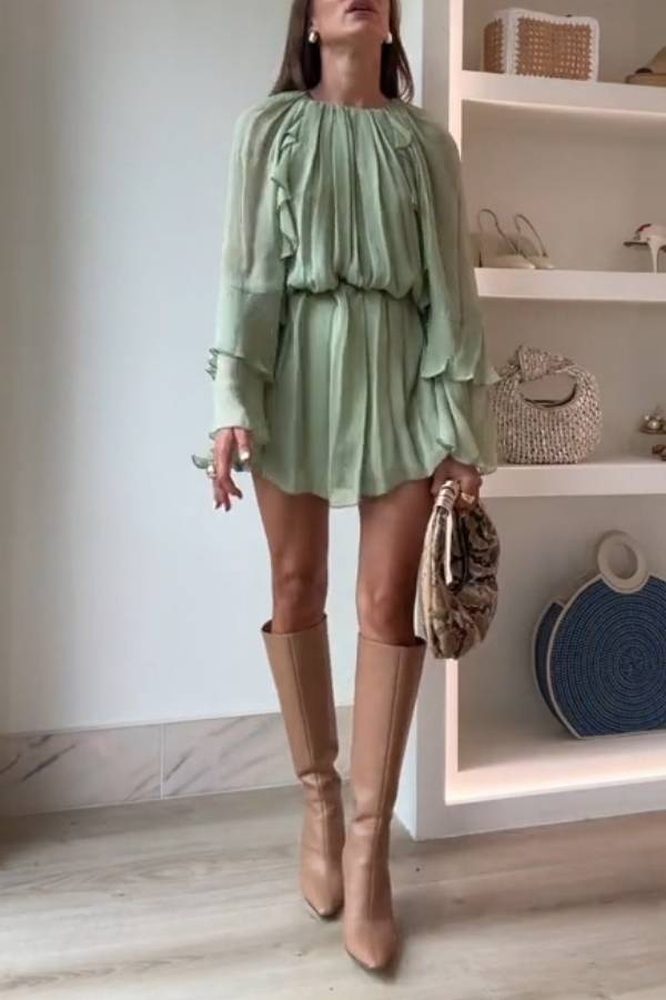 Mint Green Ruffle Smocked Bell Sleeve Loose Dress