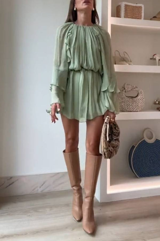 Mint Green Ruffle Smocked Bell Sleeve Loose Dress
