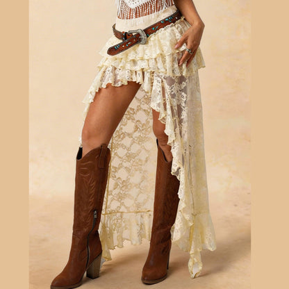 Lace And Chiffon High Low Skirt With Ruffles For Women Boho Style Maxi Dress
