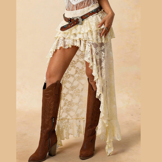 Lace And Chiffon High Low Skirt With Ruffles For Women Boho Style Maxi Dress