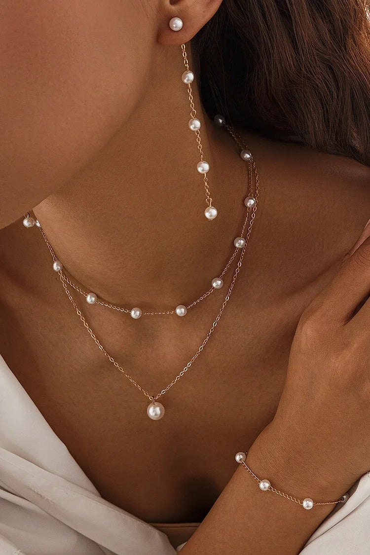 Faux Pearls Alloy Chain Fashionable Dangle Earrings Jewelry Set