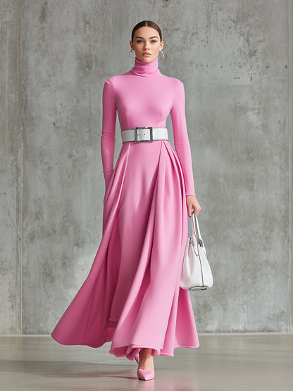 Elegant Pink High Collar And Large Skirt Maxi Dress