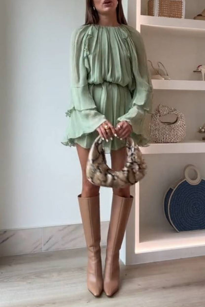 Mint Green Ruffle Smocked Bell Sleeve Loose Dress