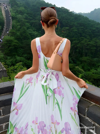 White Pleated Floral Chiffon Square Neck Sleeveless A-Line Maxi Dress
