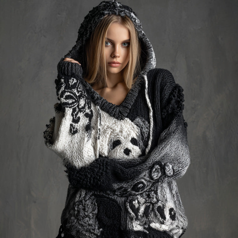 Women's Vintage Dog Embroidered Hooded Sweater