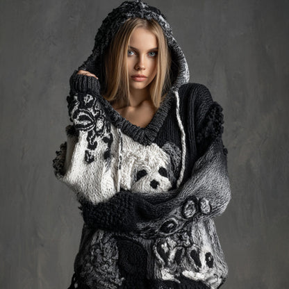 Women's Vintage Dog Embroidered Hooded Sweater
