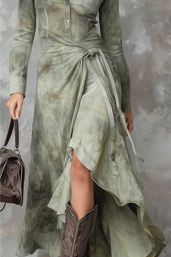 Vintage Sage Green Tie-Dye Pocket Slim Maxi Dress