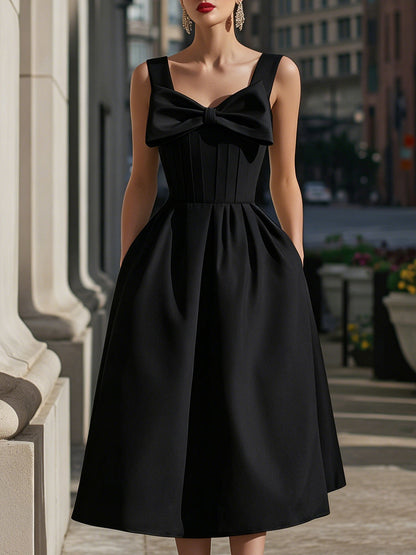 Sleeveless Bow-Detail Structured A-Line Midi Dress