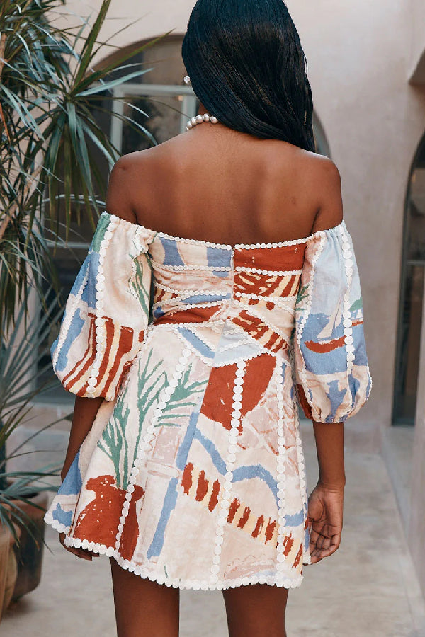 Linen Blend Trims Unique Print Puff Sleeve Mini Dressc