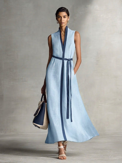 Women's Sleeveless V-Neck Tie-Waist Cotton Linen Maxi Dress MDZ1153B7BA