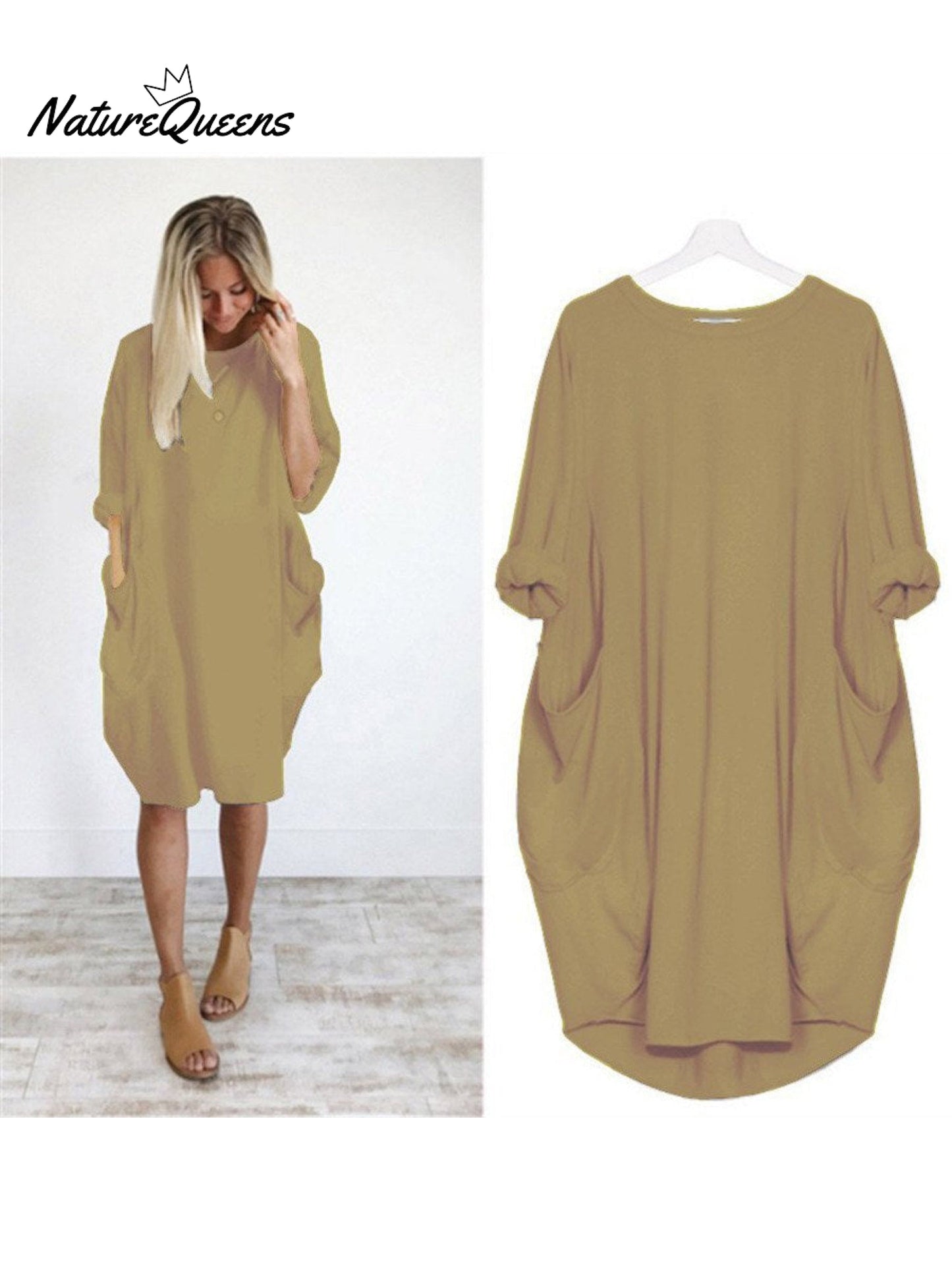 Women's Solid Color Loose Elegant Casual Long-sleeved Pocket Dress