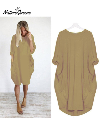 Women's Solid Color Loose Elegant Casual Long-sleeved Pocket Dress
