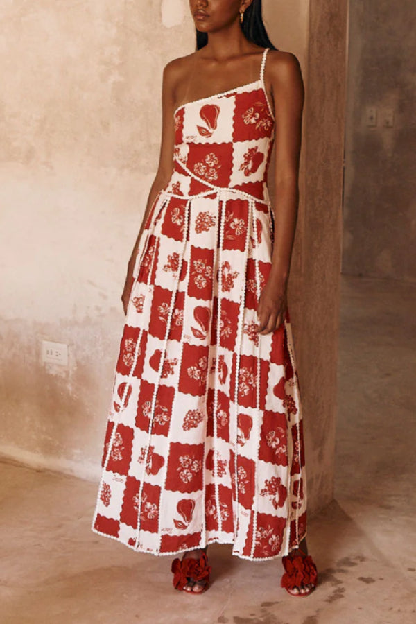 Linen Blend Unique Print One Shoulder Flared Maxi Dress
