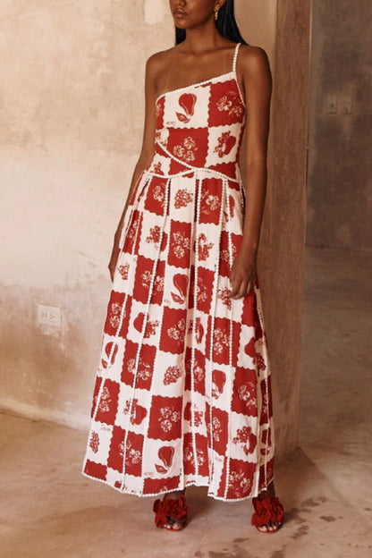Linen Blend Unique Print One Shoulder Flared Maxi Dress