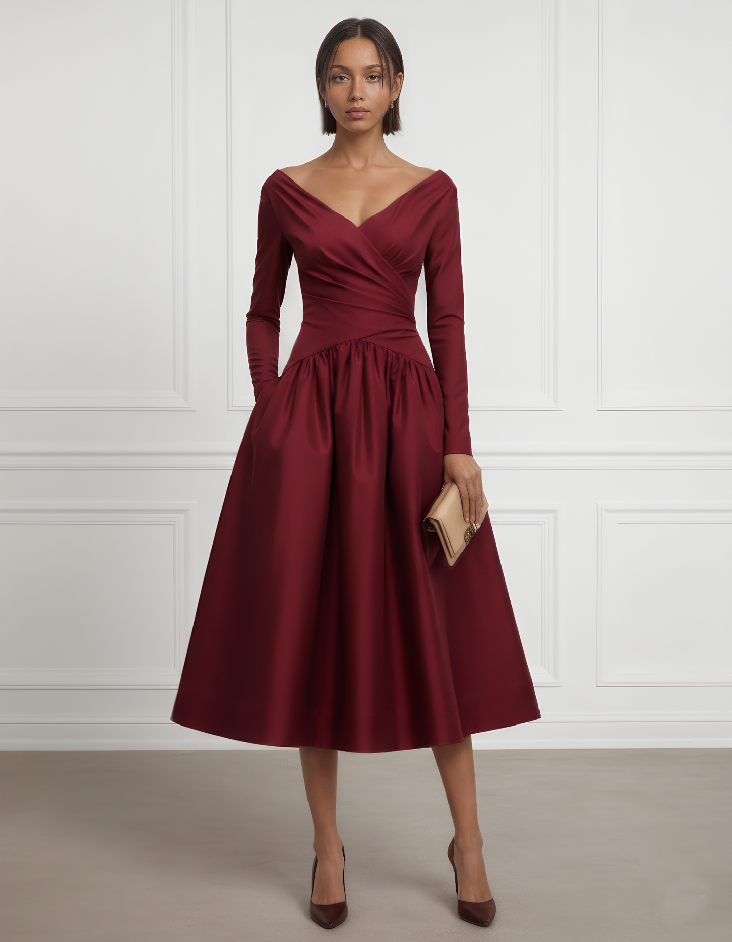 Burgundy Ruched Satin V Neck Long Sleeve A-Line Midi Dress