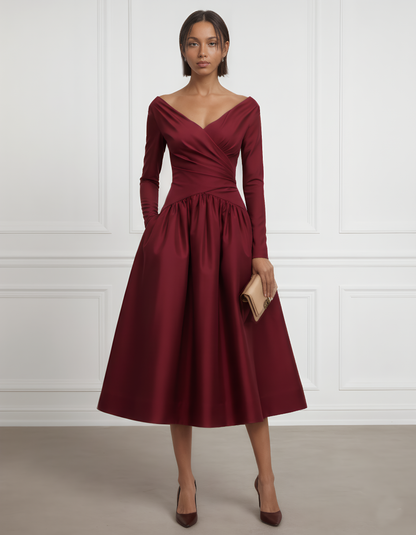 Burgundy Ruched Satin V Neck Long Sleeve A-Line Midi Dress