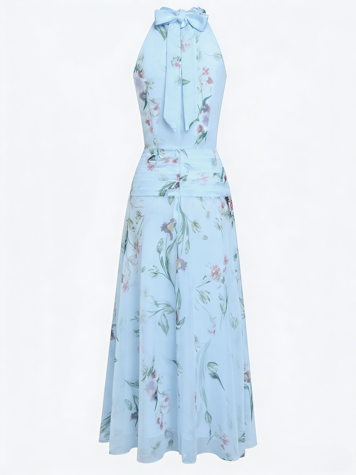 Light Blue Ruched Floral Chiffon Halter Neck Sleeveless A-Line Floor-length Gown Dress