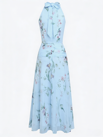 Light Blue Ruched Floral Chiffon Halter Neck Sleeveless A-Line Floor-length Gown Dress