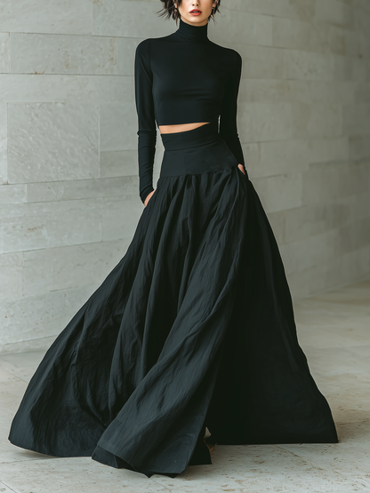 Women's Fashionable And Elegant Black Fitted Turtleneck Long-sleeved Cropped Top Paired With A Black Long Skirt MDA2692K3AN