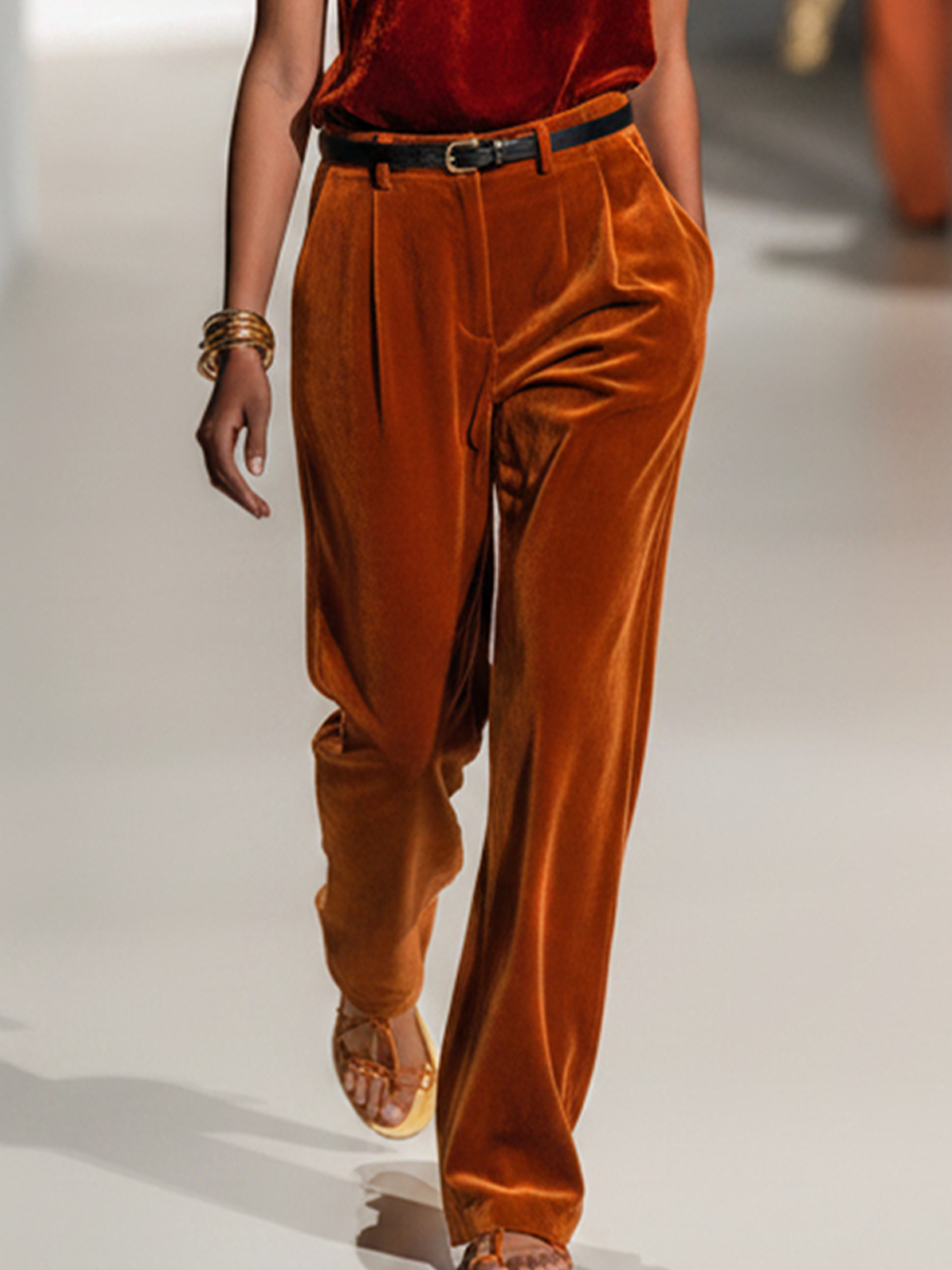 Women’s Fashionable Red Velvet Halter Neck Sleeveless Top And Orange Velvet Slim Waist Wide-Leg Pants Set(Waist Belt Not Included) MDZ1780D8GMJ