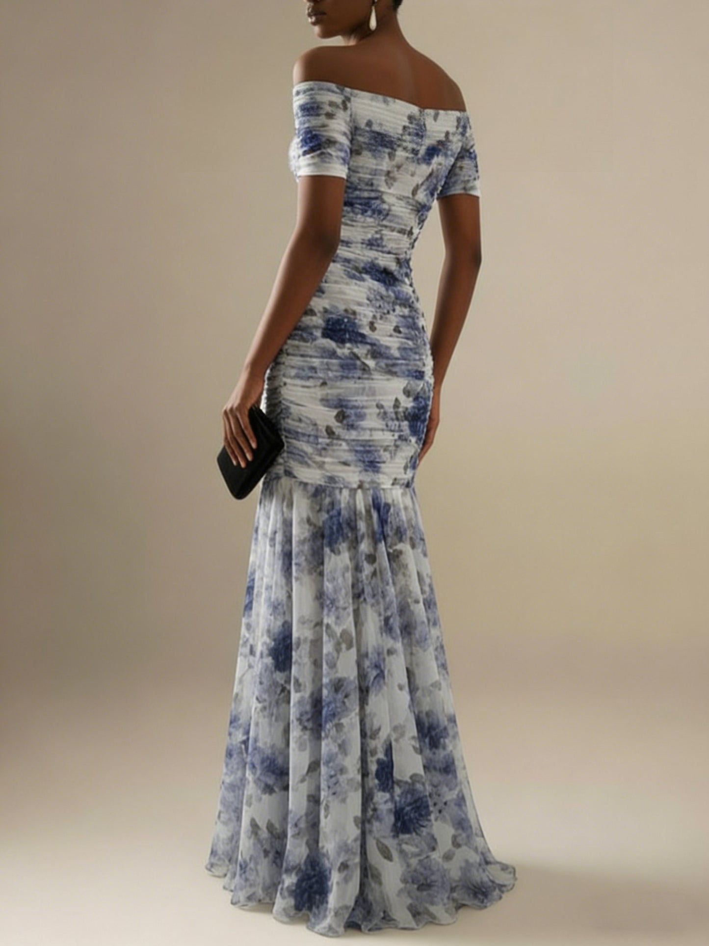 Blue Floral Gathered Tulle Off The Shoulder Short Sleeve Mermaid Floor-length Gown Dress