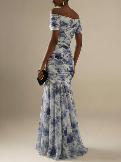 Blue Floral Gathered Tulle Off The Shoulder Short Sleeve Mermaid Floor-length Gown Dress