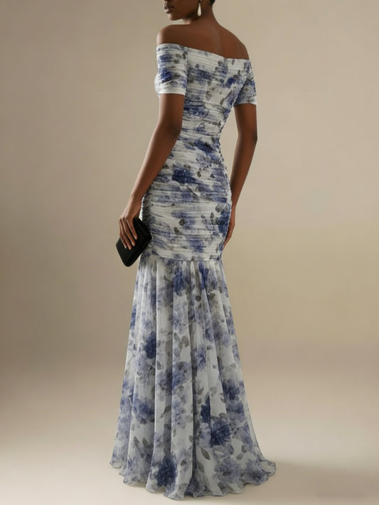Blue Floral Gathered Tulle Off The Shoulder Short Sleeve Mermaid Floor-length Gown Dress
