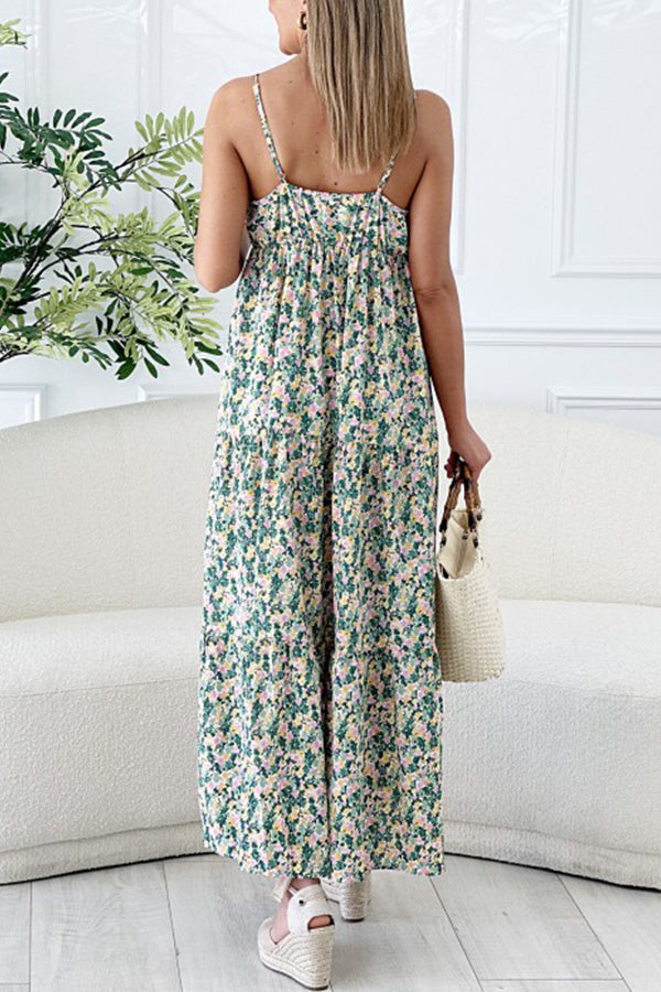 Hana Floral Spaghetti Strap Deep V Holiday Long Dress
