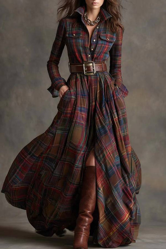 French retro waist long sleeve chiffon dress