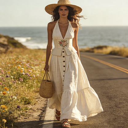 Linen Blend Halter Maxi Dress With Floral Embroidery And Button Front Design