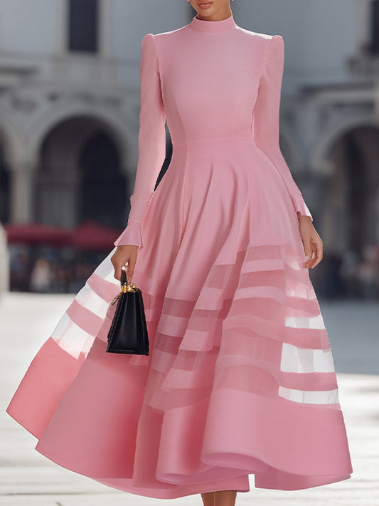 Elegant Sheer Panel Flared Midi Dress
