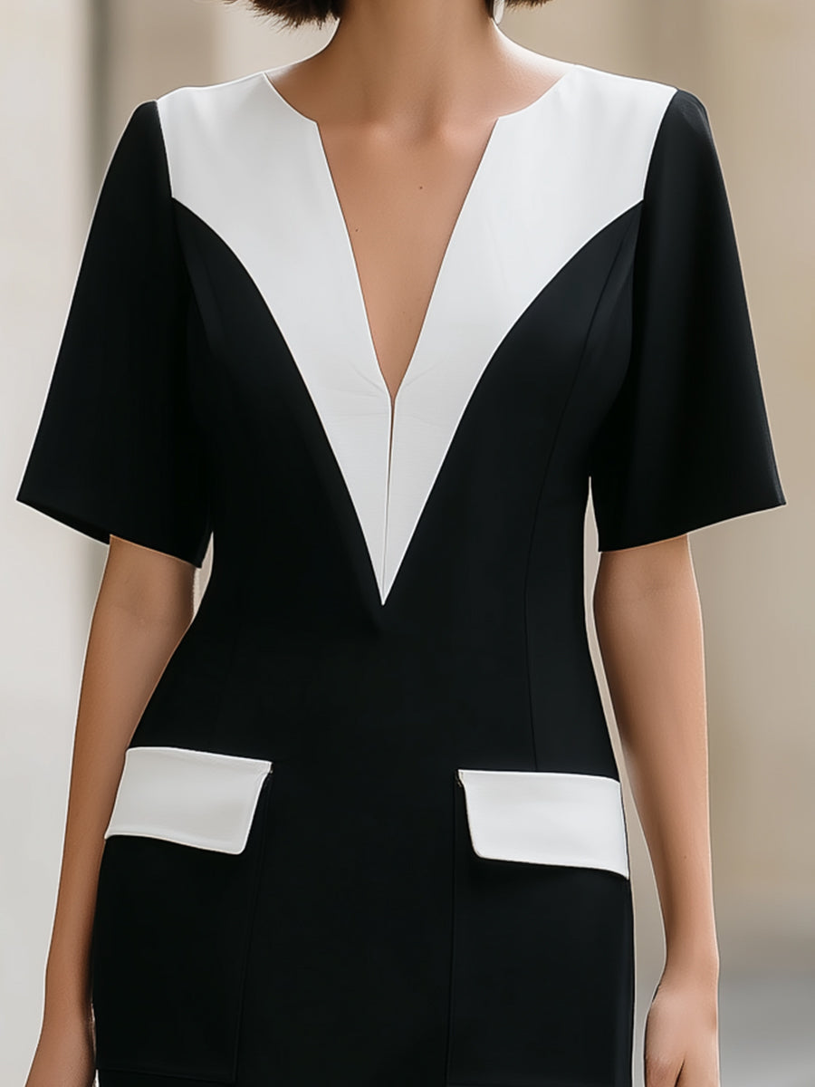 Color-Block V-Neck Short Sleeve Bodycon Mini Dress