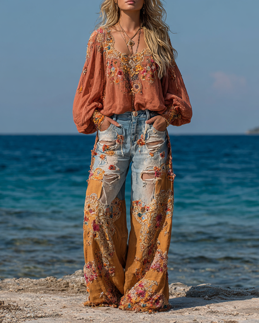 Summer vacation floral embroidered contrast color ripped jeans and top two-piece set ccd5