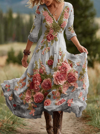 Women's Vintage Rose Floral Art V Neck Linen Blend Comfy Maxi Dress 3771