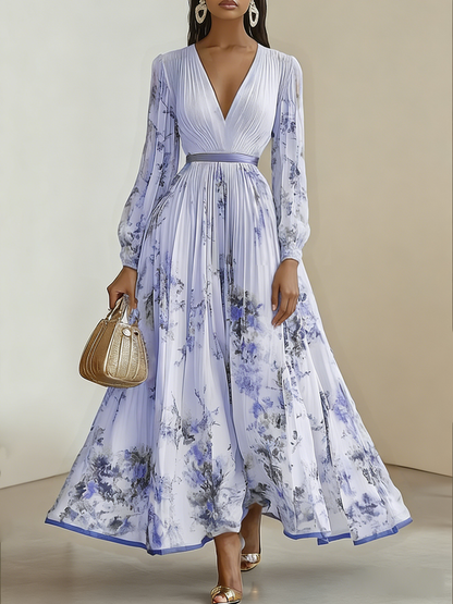 White Pleated Floral Chiffon V Neck Long Sleeve Balloon Sleeve A-Line Maxi Dress