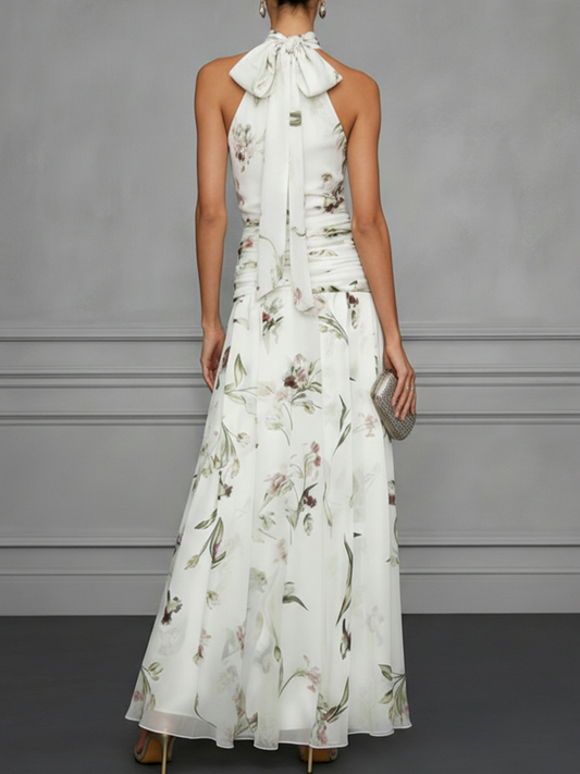 White Ruched Floral Chiffon Halter Neck Sleeveless A-Line Floor-length Gown Dress